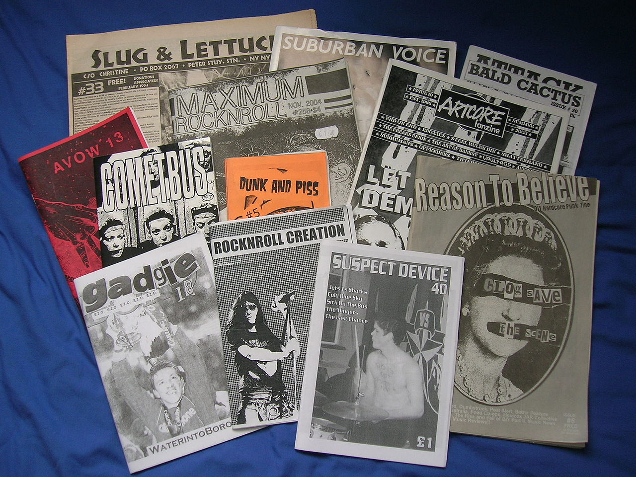 Spread of printed zines and independent publications.