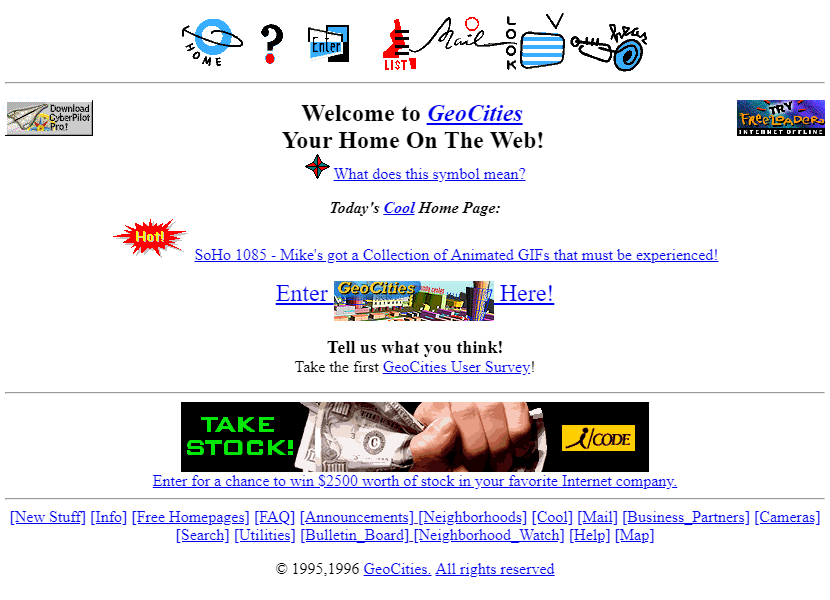 Archived screenshot of the GeoCities homepage from the mid-1990s.