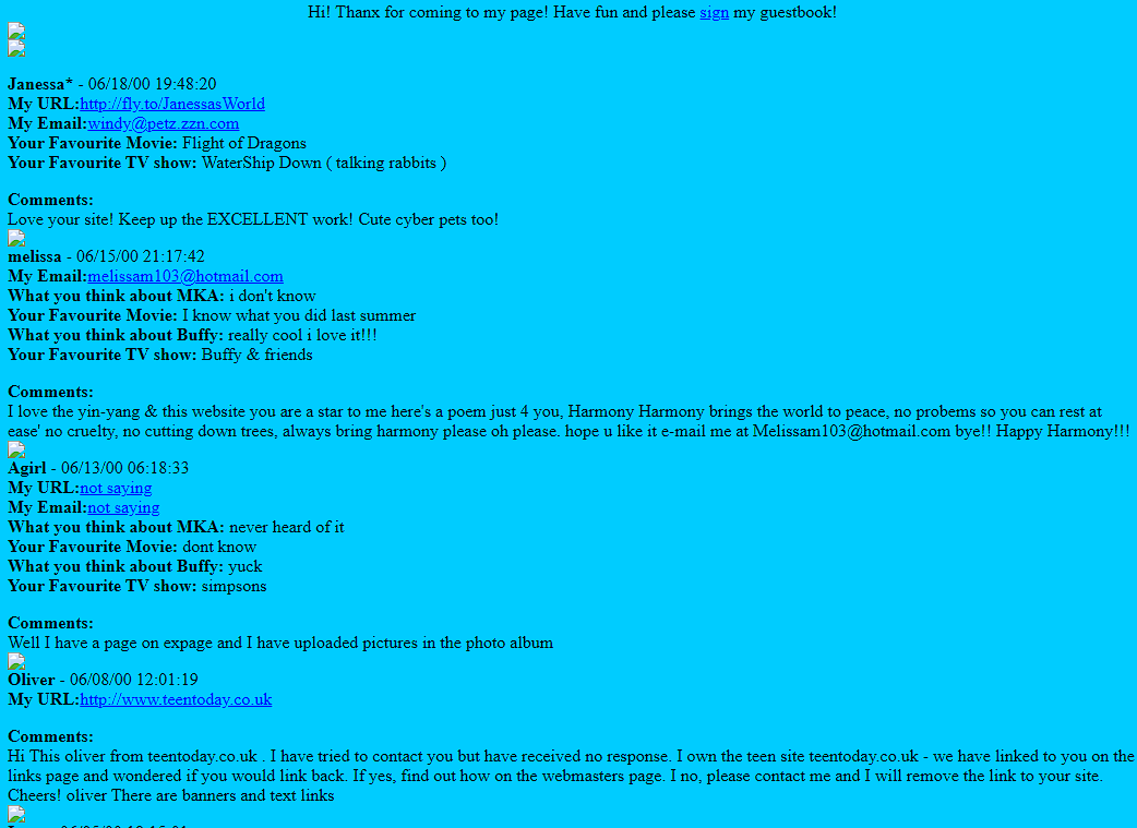 Archived GeoCities guestbook interface page.